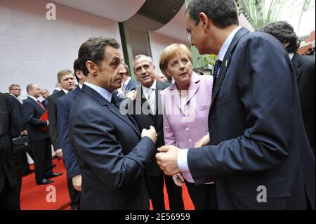 French President Nicolas Sarkozy, Lebanese President Michel Suleiman, German Chancellor Angela Merkel and Spanish Prime Minister Jose Luis Rodriguez Zapatero during Paris' Union for the Mediterranean founding summit at the Grand Palais in Paris, France on July 13, 2008. French President Nicolas Sarkozy and 42 leaders launch today a union between Europe and its Mediterranean neighbours but tensions among Middle East countries could undermine the grand plan. Photo by Elodie Gregoire/ABACAPRESS.COM Stock Photo