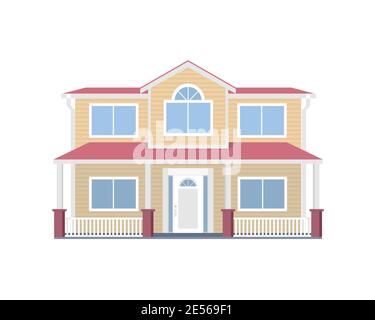 Traditional American two-story family house. Vector illustration on white isolated background Stock Vector