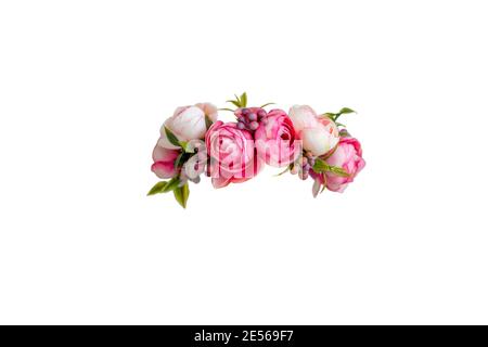 pink flower wreath of artificial roses isolated on white background Stock Photo