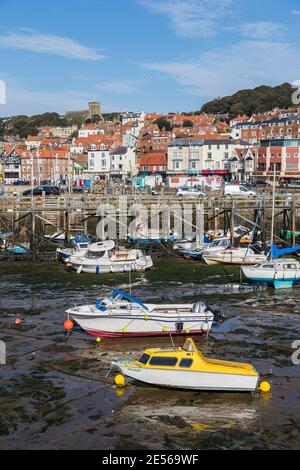 Colourful boats in Scarborough harbour seen at low tide. Stock Photo