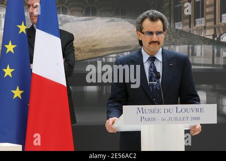 Saudi Arabian Prince Alwaleed bin Talal Bin Abdul aziz Al Saud delivers a speech at Louvre museum's in Paris, France, on July 16, 2008 during the ceremony marking the launch of the works. Photo by Pierre Villard/Pool/ABACAPRESS.COM Stock Photo