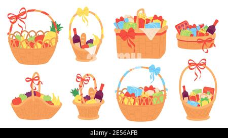 Gift basket. Wicker baskets with present boxes for christmas, food, fruit, chocolate and vine bottle. Flat hamper with bow ribbon vector set Stock Vector