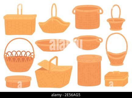 Wicker baskets. Empty straw basket for picnic, grocery or gift. Handmade round bamboo hamper and box. Trendy flat rattan basketry vector set Stock Vector