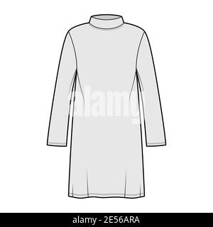 Tunic sweater technical fashion illustration with stand-away collar, long sleeves, oversized, knee length. Flat modest shirt apparel top template front, grey color. Women men unisex CAD mockup Stock Vector