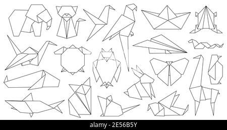 Origami line animals. Paper geometric graphic logo and icon bird, fox, crane, mouse, shark and elephant. Outline abstract animal vector set Stock Vector