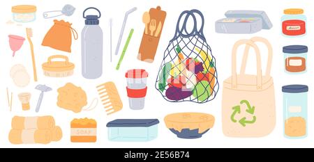 Zero waste. Reusable, plastic free and eco friendly products bags, bamboo straw, containers and wooden cutlery. Reduce garbage vector set Stock Vector