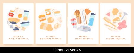 Reusable products. Zero waste durable items for kitchen, bathroom, hygiene and travel. Eco friendly. Reduce plastic pollution vector concept Stock Vector