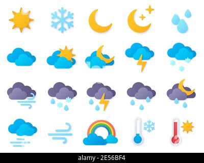 Paper cut weather icons. Symbols of rain, rainbow, sun, hot and cold temperature, winter snow and cloud. Meteo forecast pictogram vector set Stock Vector