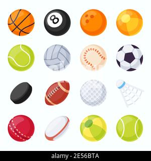 Sport balls. Soccer, tennis, volleyball, baseball and football equipment. Hockey puck and badminton shuttlecock. Flat game ball vector set Stock Vector