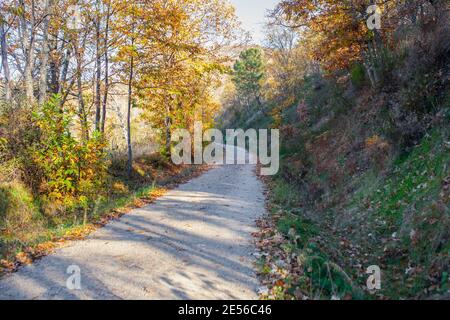 Walkers enjoy Green-Way Itinerary by Banos de Montemayor on Magic Autumn season, Extremadura, Spain Stock Photo