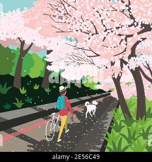 Blooming cherry public park outdoor activity vector poster Stock Vector