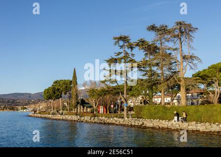 Cisano cycle and pedestrian path that runs along Lake Garda starting from the town of Garda. Stock Photo