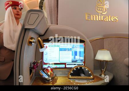 Inside view of the Emirates Airlines A6-EDA A380 during the handing over ceremony of the first Airbus A380 to Arabian airline 'Emirates' at the Airbus plant in Hamburg, Germany on July 28, 2008. The upper deck first class has showers and a mini 'spa'. The first scheduled flight will take place on 01 August, flying from Dubai to New York. Emirates ordered 58 A380s, which is currently the world's largest passenger aircraft. Photo by Ammar Abd Rabbo/ABACAPRESS.COM Stock Photo