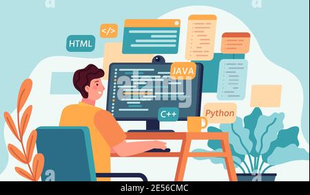 Programmer working. Program or web developer coding on computer. Screen with code, script and open windows. Coder engineer vector concept Stock Vector