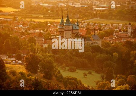 Close-up photo of Bojnice castle in Slovakia in a warm yellow morning light Stock Photo