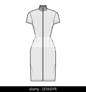 Turtleneck zip-up dress technical fashion illustration with short sleeves, knee length, fitted body, Pencil fullness. Flat apparel template front, grey color. Women, men, unisex CAD mockup Stock Vector
