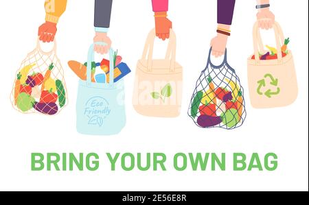 Hands hold eco bags. People bring own bag for grocery. Reusable plastic free pack with food. Zero waste products for shopping vector concept Stock Vector