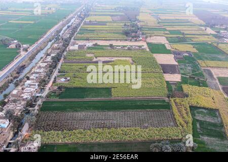 Hot-air balloon tour above Thebes, view on Egyptian houses and farmland Stock Photo