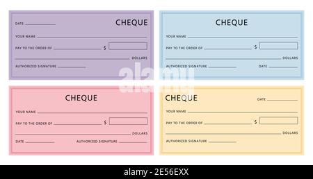 Cheque template. Blank checkbook pages mockups with empty fields. Bank check designs with borders. Colorful fake voucher cheques vector set Stock Vector