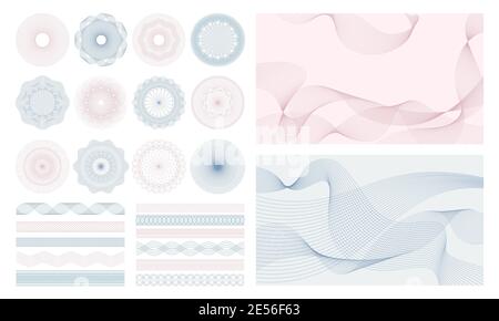 Money watermark. Geometric round, spiral and abstract secure guilloches for passport or cheque. Spirograph patterns and borders vector set Stock Vector