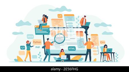 Program development team. Web or software developers, programmer and coding engineer work in group. IT-specialists write code vector concept Stock Vector