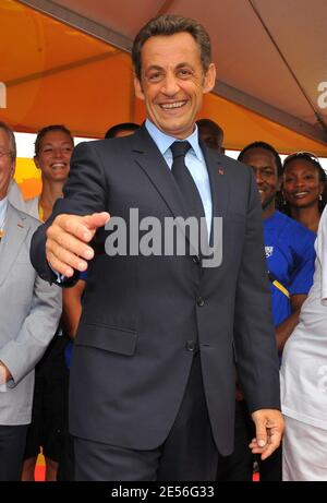 French President Nicolas Sarkozy alongside Minister for Health, Youth, Sport and the Voluntary Sector, Roselyne Bachelot pays a visit to French Olympic athletes ahead of the opening ceremony at the Olympic Village in Beijing, China on August 8, 2008. Photo by Gouhier-Hahn-Nebinger/ABACAPRESS.COM Stock Photo