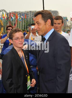 French President Nicolas Sarkozy alongside his son Louis pays a visit to French Olympic athletes ahead of the opening ceremony at the Olympic Village in Beijing, China on August 8, 2008. Photo by Gouhier-Hahn-Nebinger/ABACAPRESS.COM Stock Photo