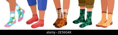 Legs in socks. Women and men leg in trendy sock pairs with pattern and texture. Flat cartoon female feets in stylish warm socks vector set Stock Vector