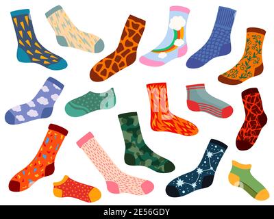 Cartoon socks. Bundle of socks with textures and patterns