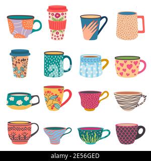 Trendy cups. Coffee and tea mugs in scandinavian style. Side view paper go-cup with modern flower patterns. Colorful porcelain vector set Stock Vector
