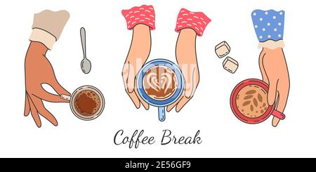 Hands holding coffee cups. Top view of female hand holds mug with hot morning drink, latte and espresso. Women friends meeting vector poster Stock Vector