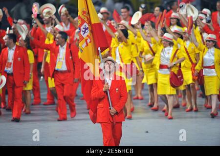 David Cal of the Spain Olympic canoe/kayak team carries his country's flag to lead out the delegation during the Opening Ceremony for the 2008 Beijing Summer Olympics at the National Stadium in Beijing, China on August 8, 2008. Photo by Gouhier-Hahn-Nebinger/ABACAPRESS.COM Stock Photo