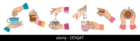 Hands holding tea cups. Elegant woman hand with mug with coffee or cacao, brew tea bag. Breakfast hot drinks and beverage, trendy vector set Stock Vector