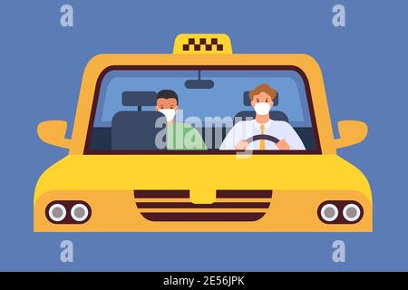 Taxi driver in mask. Virus protection in taxicab service. Passenger sit in distance. Chauffeur and client in taxi, new normal vector concept Stock Vector