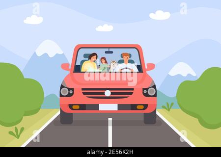Family in car. Parents, kid and pet on weekend holiday road trip. Minivan with people. Cartoon adventure travel in mountain, vector concept Stock Vector