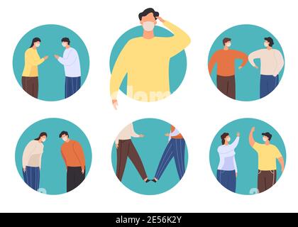 Non-contact greeting icon. New normal greet to stop virus, alternative to handshake namaste, elbow and feet bump, wawing and bow vector set Stock Vector