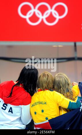 bronze medalist Jessicah Schipper of Australia, gold medalist Lisbeth Trickett of Australia and Silver medalist Christine Magnuson of the United States after the medal ceremony for the Women's 100m Butterfly held day 3 of the XXIX Olympic games at the Olympic National aquatic center in Beijing, China on August 11, 2008. Photo by Gouhier-Hahn-Nebinger/Cameleon/ABACAPRESS.COM Stock Photo