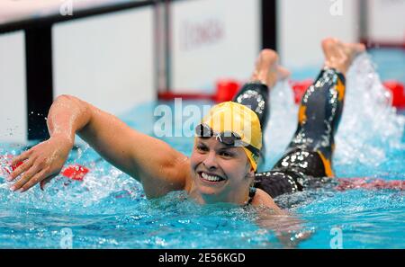 Lisbeth Trickett of Australia celebrates finishing the Women's 100m Butterfly Final held day 3 of the XXIX Olympic games at the Olympic National aquatic center in Beijing, China on August 11, 2008. Photo by Gouhier-Hahn-Nebinger/Cameleon/ABACAPRESS.COM Stock Photo