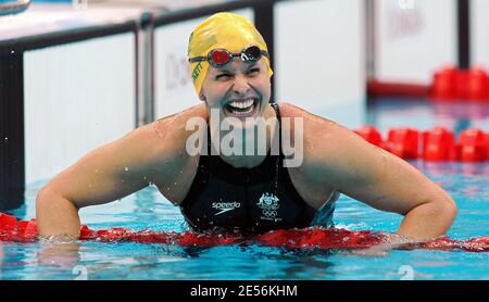 Lisbeth Trickett of Australia celebrates finishing the Women's 100m Butterfly Final held day 3 of the XXIX Olympic games at the Olympic National aquatic center in Beijing, China on August 11, 2008. Photo by Gouhier-Hahn-Nebinger/Cameleon/ABACAPRESS.COM Stock Photo