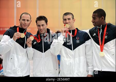 US swimmers Michael Phelps, Garrett Weber-Gale Cullen Jones and Jason Lezak stand on the podium after winning the men's 4X100m freestyle relay swimming final day 3 of the XXIX Olympic games at the Olympic National aquatic center in Beijing, China on August 11, 2008. The US broke the world record in the men's 4x100-metres freestyle relay, winning gold in 3min 08.24 to keep Michael Phelps's dream of eight Olympic gold medals alive. Photo by Gouhier-Hahn-Nebinger/Cameleon/ABACAPRESS.COM Stock Photo