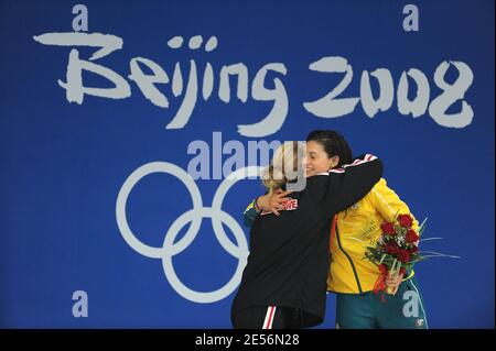(L-R) Silver medalist Kirsty Coventry of Zimbabwe and gold medalist Stephanie Rice of Australia stand on the podium during the medal ceremony for the Women's 200m Individual Medley held at the National Aquatics Center on Day 5 of the Beijing 2008 Olympic Games on August 13, 2008 in Beijing, China. Photo by Gouhier-Hahn-Nebinger/Cameleon/ABACAPRESS.COM Stock Photo