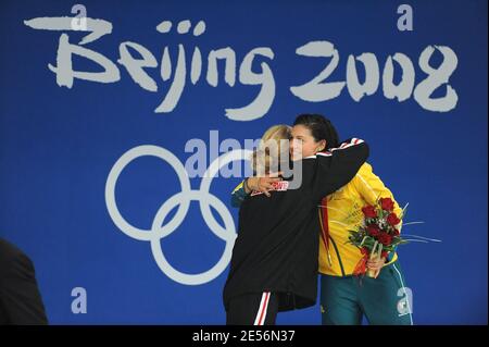 (L-R) Silver medalist Kirsty Coventry of Zimbabwe and gold medalist Stephanie Rice of Australia stand on the podium during the medal ceremony for the Women's 200m Individual Medley held at the National Aquatics Center on Day 5 of the Beijing 2008 Olympic Games on August 13, 2008 in Beijing, China. Photo by Gouhier-Hahn-Nebinger/Cameleon/ABACAPRESS.COM Stock Photo