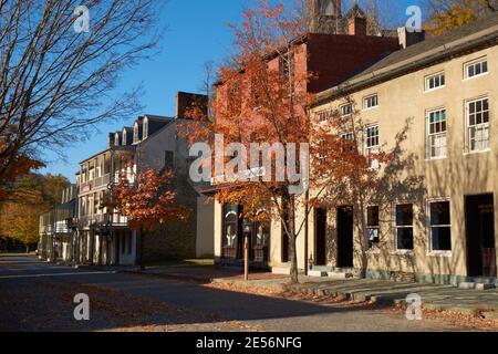 Old commercial buildings along Shanendoah street. During fall, autumn in Harpers Ferry, West Virginia. Stock Photo
