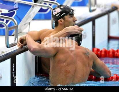 USA's Ryan Lochte congratulates Michael Phelps on his victory after the Men's 200m Individual Medley Fina during the Beijing Olympic Games Day 7 at the National Aquatics Center in Beijing, China on August 15, 2008. Photo by Willis Parker/Cameleon/ABACAPRESS.COM Stock Photo