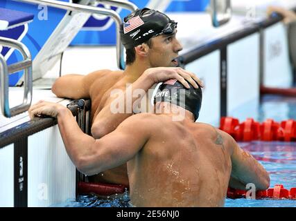 USA's Ryan Lochte congratulates Michael Phelps on his victory after the Men's 200m Individual Medley Fina during the Beijing Olympic Games Day 7 at the National Aquatics Center in Beijing, China on August 15, 2008. Photo by Willis Parker/Cameleon/ABACAPRESS.COM Stock Photo