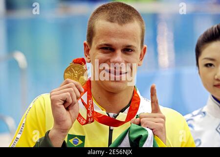 Cesar Cielo Filho of Brazil celebrates after winning the Men's 50m Freestyle Final held during the Beijing Olympic Games Day 8 at the National Aquatic Center in Beijing, China on August 16, 2008. Photo by Willis Parker/Cameleon/ABACAPRESS.COM Stock Photo