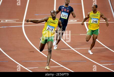 Jamaica's Usain Bolt performs in the Men's 100m Final of the XXIX Beijing Olympic Game sat the National Stadium in Beijing, China on August 16, 2008. Bolt wins the gold medal. Usain Bolt beats World record in 9'68. Photo by Jing Min/Cameleon/ABACAPRESS.COM Stock Photo