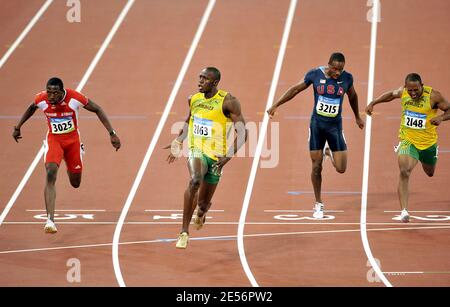 Jamaica's Usain Bolt performs in the Men's 100m Final of the XXIX Beijing Olympic Game sat the National Stadium in Beijing, China on August 16, 2008. Bolt wins the gold medal. Usain Bolt beats World record in 9'68. Photo by Jing Min/Cameleon/ABACAPRESS.COM Stock Photo
