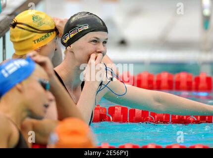 Germany's Britta Steffen celebrates after the women's 100m freestyle swimming Final during the Beijing Olympic Games at the National Aquatics Center in Beijing, China on August 15, 2008. Germany's Britta Steffen claimed the gold medal in an Olympic record 53.12 seconds, just four-hundredths of a second ahead of world champion Australia's Libby Trickett. USA'S Natalie Coughlin took the bronze and equalled the US record in 53.39. Photo by Gouhier-Hahn-Nebinger/Cameleon/ABACAPRESS.COM Stock Photo