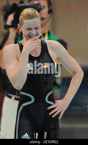 Germany's Britta Steffen celebrates after the women's 100m freestyle swimming Final during the Beijing Olympic Games at the National Aquatics Center in Beijing, China on August 15, 2008. Germany's Britta Steffen claimed the gold medal in an Olympic record 53.12 seconds, just four-hundredths of a second ahead of world champion Australia's Libby Trickett. USA'S Natalie Coughlin took the bronze and equalled the US record in 53.39. Photo by Gouhier-Hahn-Nebinger/Cameleon/ABACAPRESS.COM Stock Photo